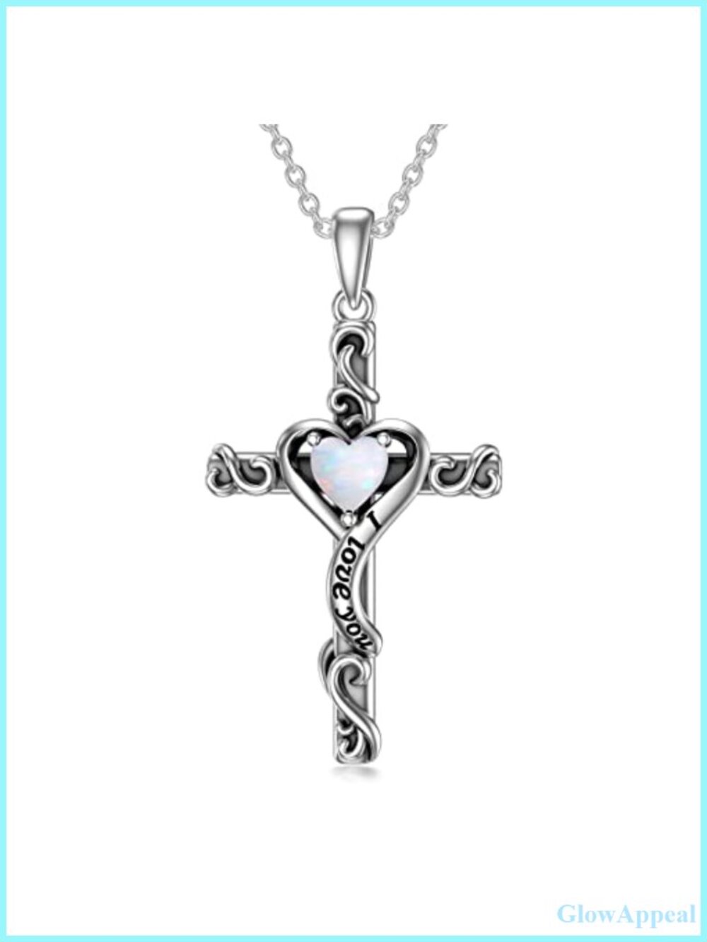 925 Sterling Silver Opal Cross Necklace Heart Pendant I Love You Gift